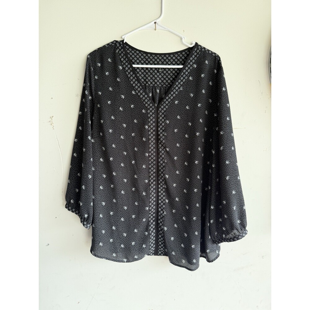 Talbots Black & White Floral 3/4 Sleeve Blouse Top Women's X-Large